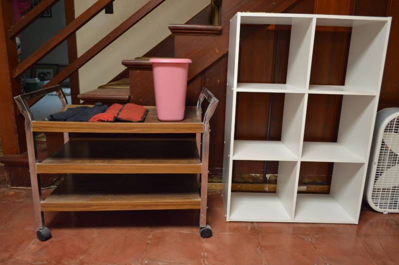 lot 5725 image: Cube Shelf, Rolling Cart, and Ankle Weights