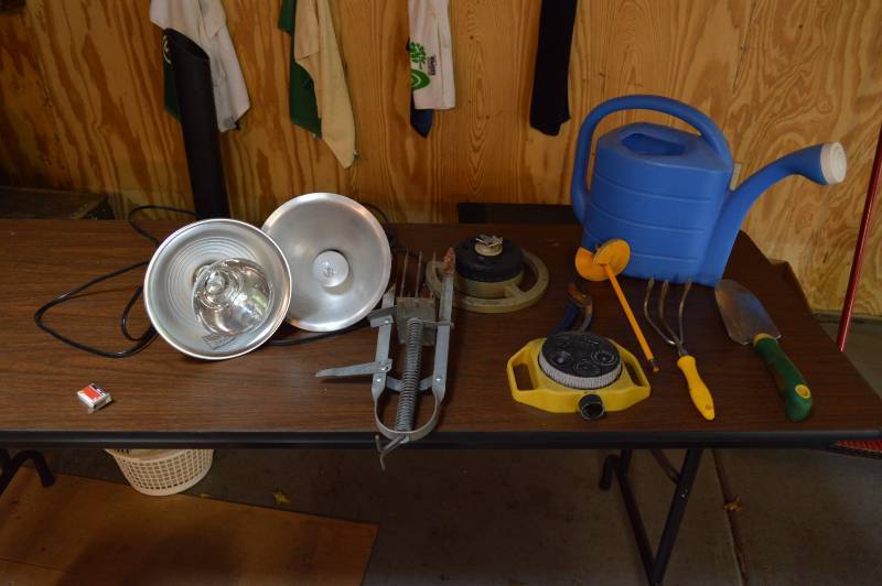 lot 5822 image: Water Can, Mole Trap, Sprinklers and Clip Lights
