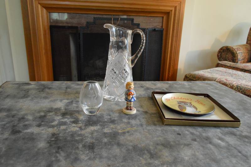 lot 5635 image: Cut Crystal Pitcher, Hummel Figurine, Plate, and Vase