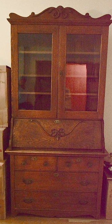 lot 5633 image: Oak Secretary Cabinet with 4 Drawers, Drop-front Desk, and Adjustable Shelves behind Glass doors - 40 by 19 by 84 tall