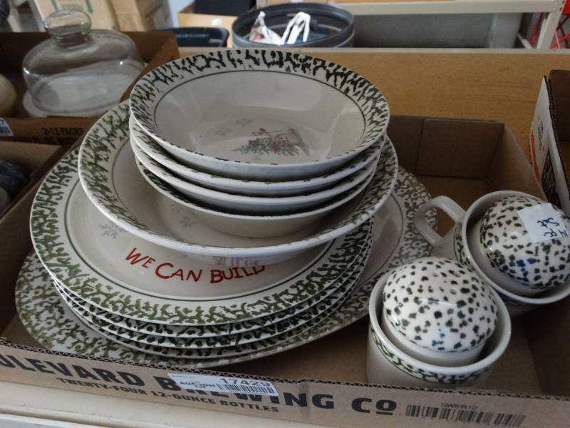 lot 17429 image: Matching plates, bowls, 2 coffee cups, platter and salt and pepper shaker.