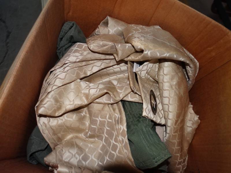 lot 17448 image: Lot with faux flowers, box of ties and box of curtains.