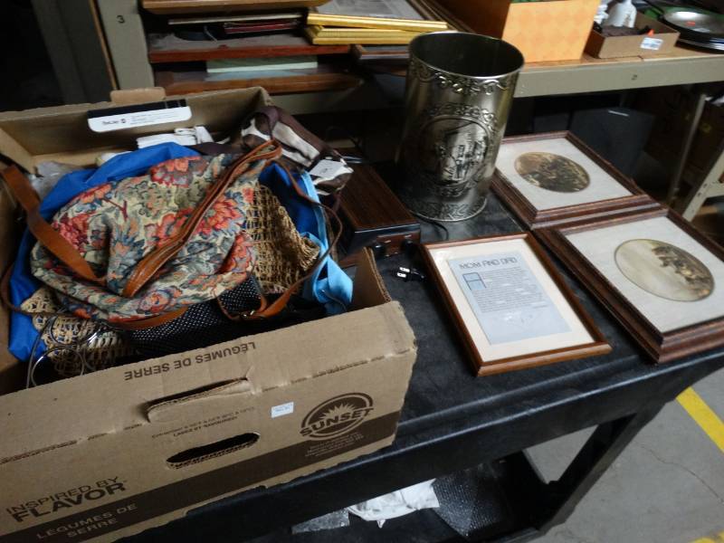 lot 17460 image: Box hand bags, picture frames and more.