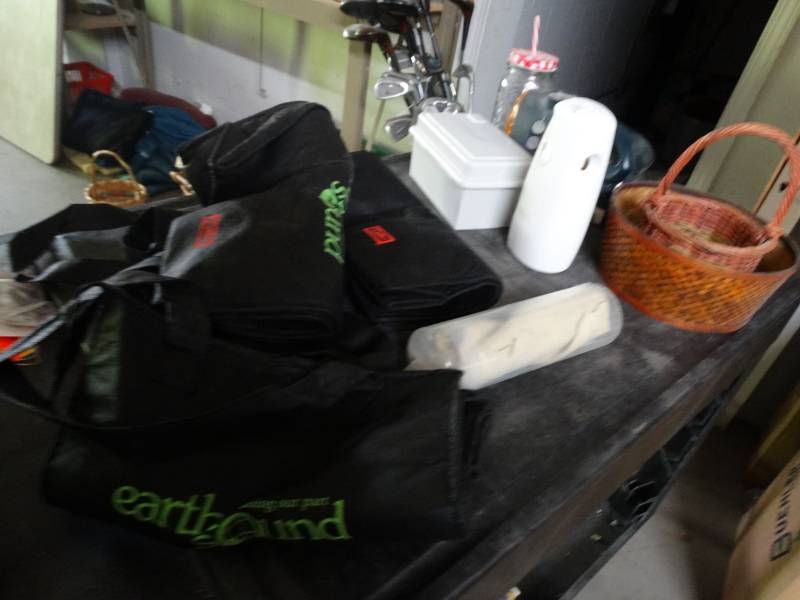 lot 17492 image: Lot of speaker covers, bags, baskets, air compressor & more.