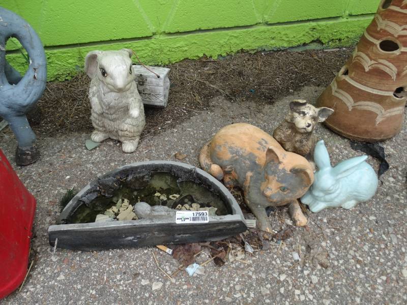lot 17593 image: 4 animal garden statues, bird house and a bird bath.