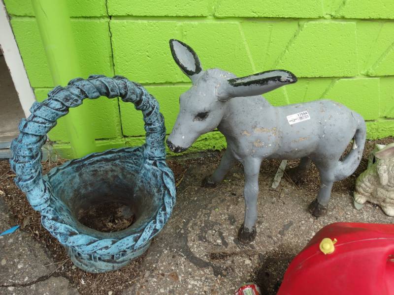 lot 17594 image: Donkey and basket garden decor.