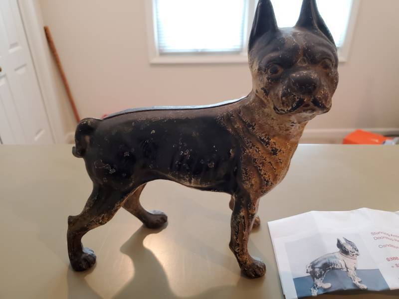 lot 13722 image: Antique Cast Iron Boston Terrier Dog Doorstop Red Collar MSRP $350