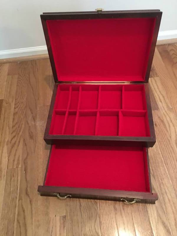 lot 13667 image: Red Velvet Lined Mans Jewelry Box with Drawer and Lid Mahogany Color
