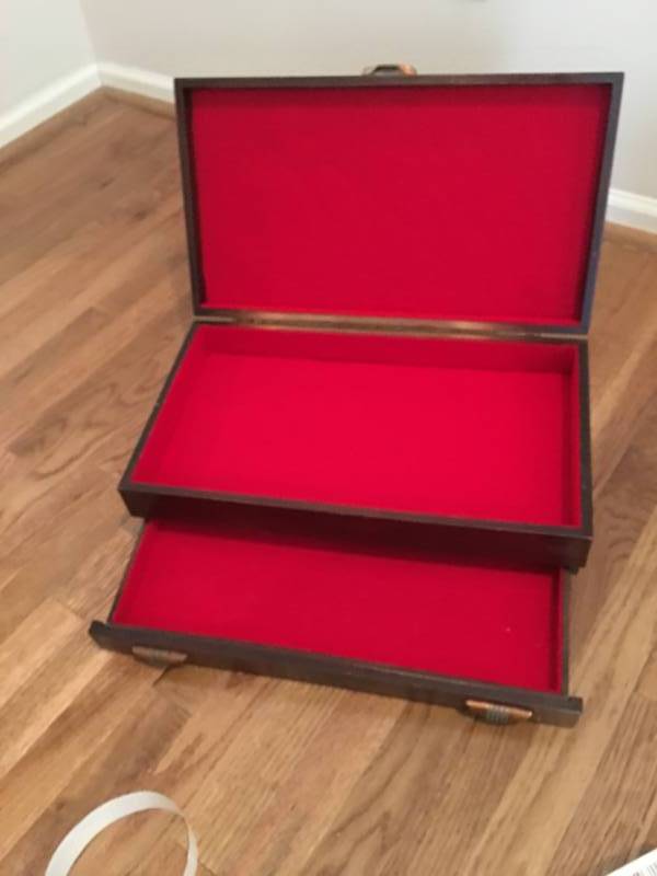 lot 13669 image: Red Velvet Lined Storage Box with 1 Drawer and Lid Mahogany Color
