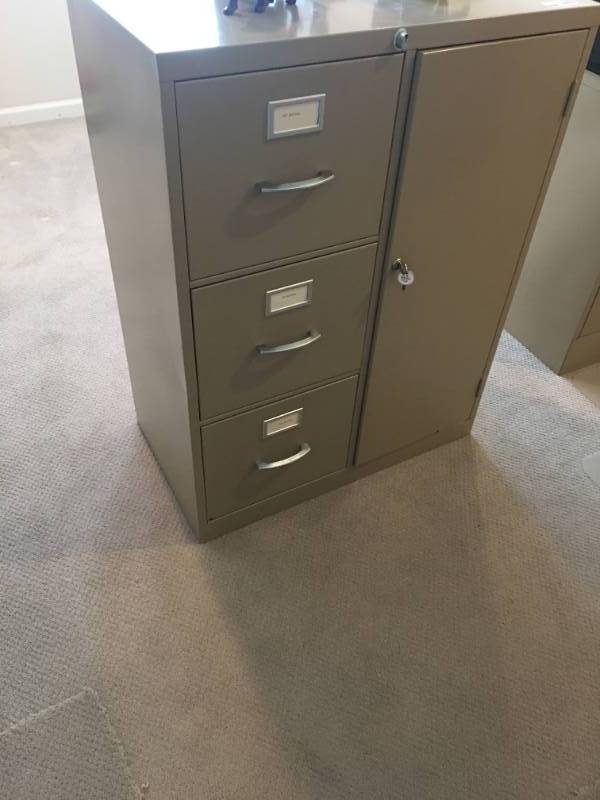 lot 13729 image: Metal Three Drawer Filing Cabinet and Attached Three Shelf Storage Cabinet w Safe