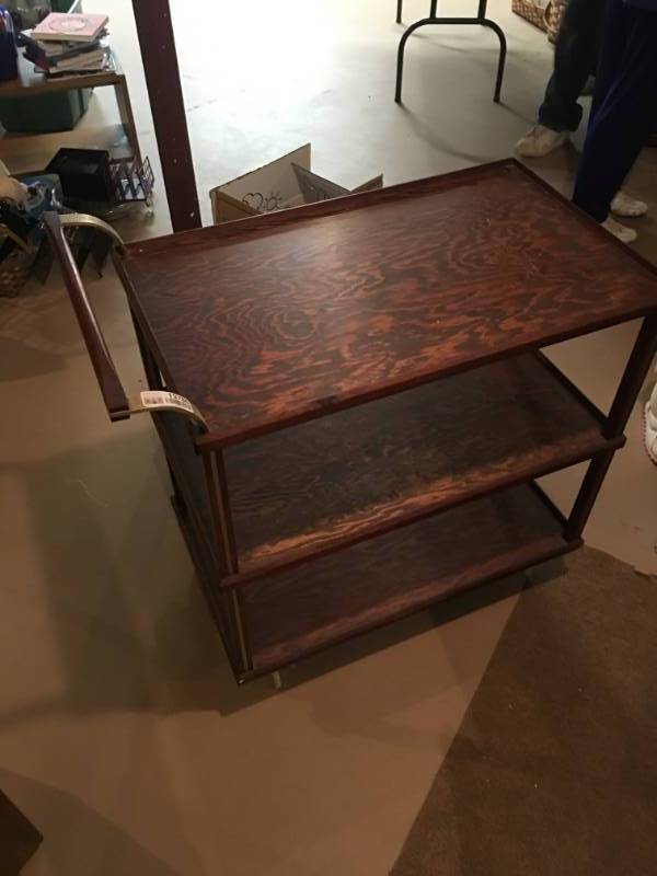 lot 13786 image: Vintage Rolling Wood 3 shelf Cart