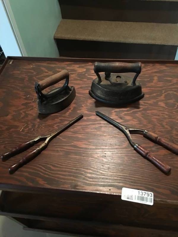lot 13793 image: Two Vintage Curling Irons and Two Cast Iron Sad Irons W Handles