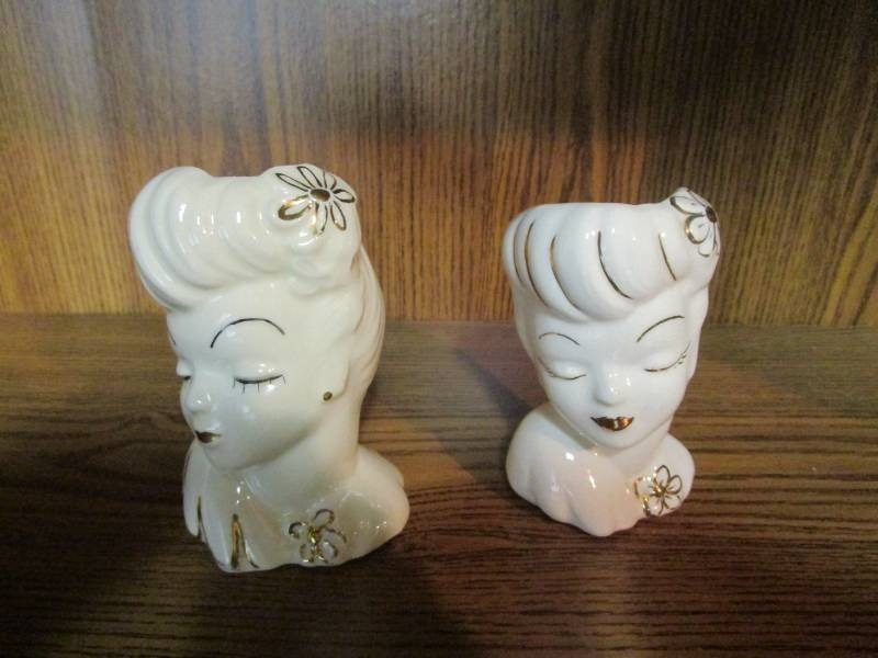 lot 13775 image: Two Light  White Unmarked Lady Head Vases