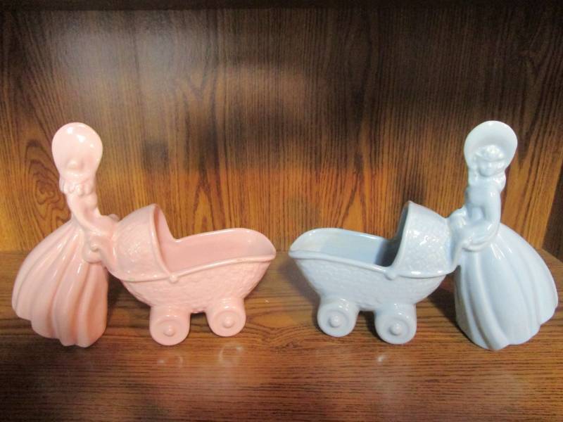 lot 13779 image: Pink  Blue Vintage Lady Carriage Planters