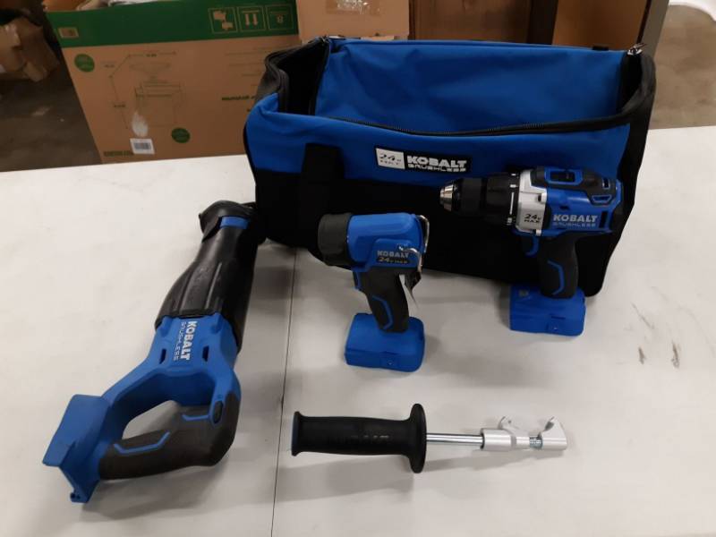 lot 6875 image: Kobalt 0672826 24v Max Brushless 4 Tool Combo Kit In Box  Carrying Bag Bundle