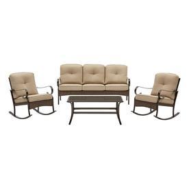 lot 8018 image: Garden Treasures Arbington 4-Piece Steel Frame Patio Conversation Set with Tan Cushions