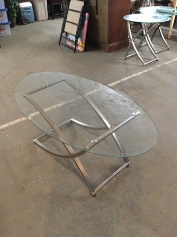 Glass Metal Oval Coffee Table Spring Cleaning Pull Behind