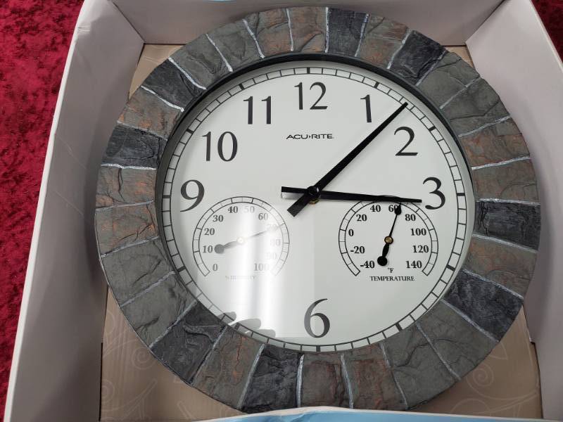 lot 6068 image: Acu-rite 14 Indoor  Outdoor Clock w Temp and Humidity, Faux Slate Appears New No Further Testing