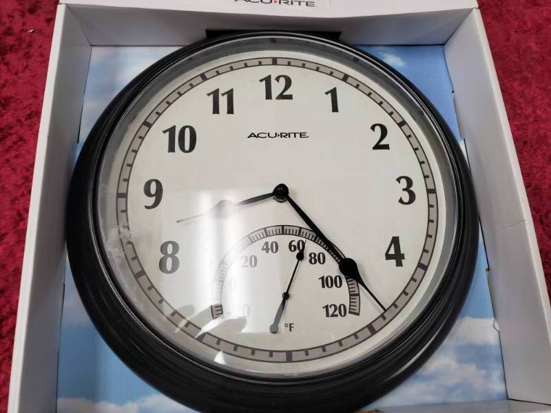 lot 6069 image: Outdoor Clock with Thermometer Appears New No Further Testing
