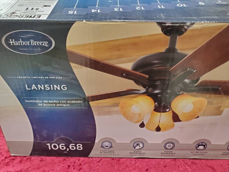 lot 6133 image: Harbor Breeze Lansing Downrod Ceiling Fan w Light Appears New No Further Testing