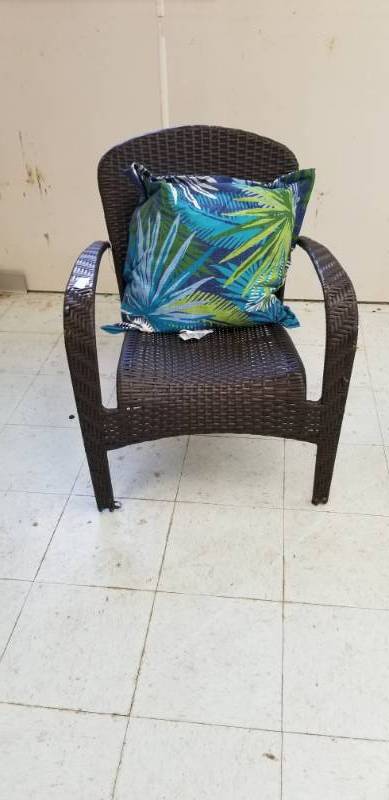 lot 6033 image: Wicker Look Metal Outdoor Chair - Arm Damaged See Pictures