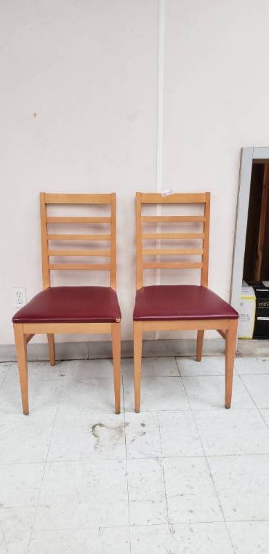 lot 2160 image: Two Wood with Red Vinyl Seat Chairs
