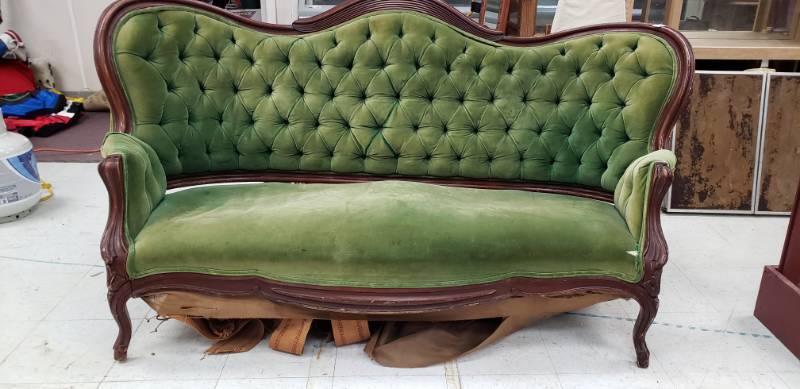 lot 2027 image: Green Velour Antique Sofa