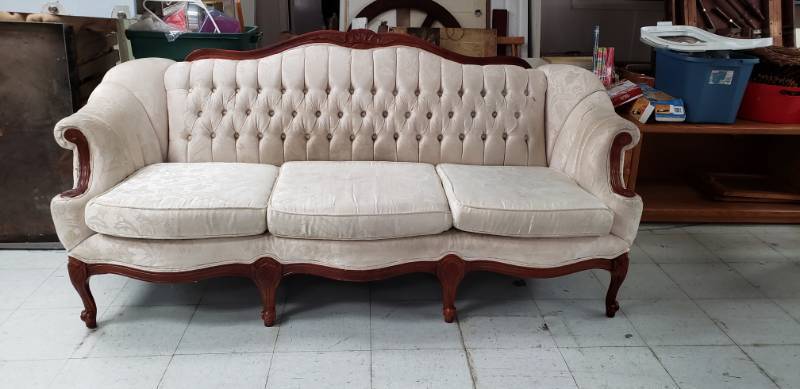 lot 2028 image: White  Cream Sofa wood feet and accents