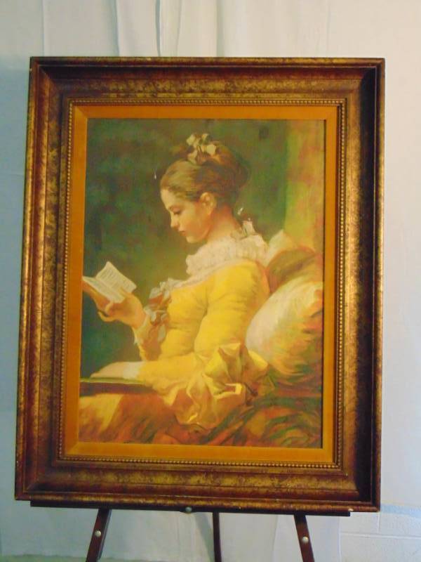 lot 14329 image: Young Girl Reading or The Reader Print with Vintage Decorative Wood Frame