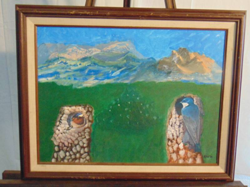 lot 14333 image: Landscape painting with birds by Rich (Framed)
