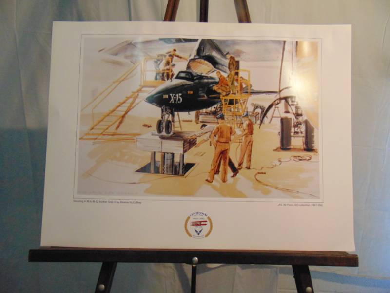lot 14343 image: Securing X-15 to B52 Mothership by Maxine McCaffery Part of the Airforce Art Collection