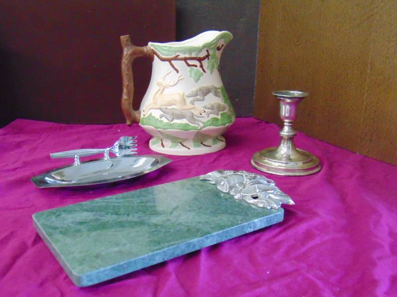 lot 14572 image: Vintage Deer Pitcher, Marble and Silver Cutting Board and more