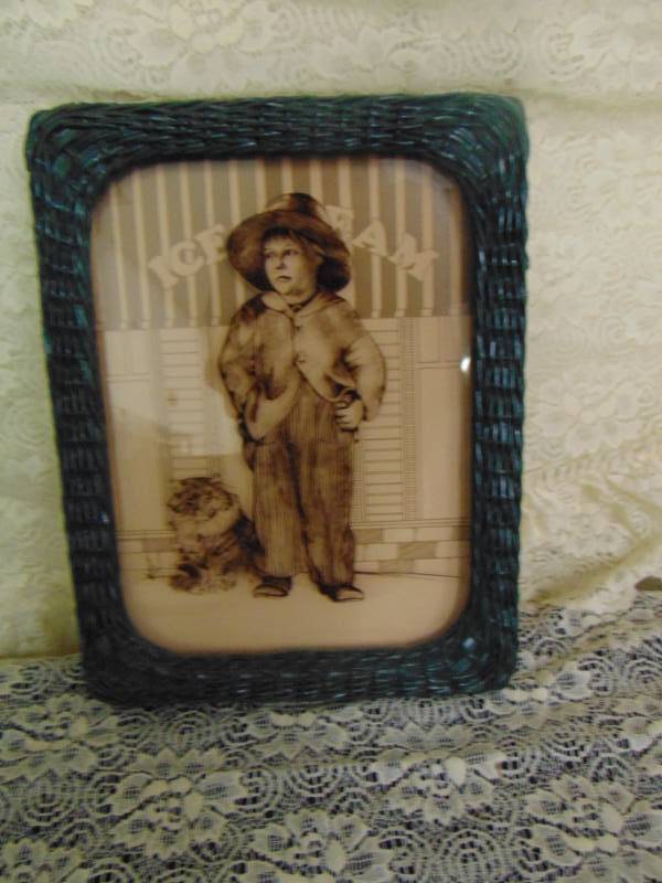 lot 14622 image: Lucid Lines  Baggy Pants Framed in Green Wicker