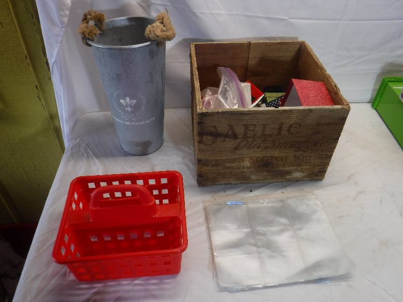 lot 12041 image: Wood gaelic brand whiskey crate with contents and more
