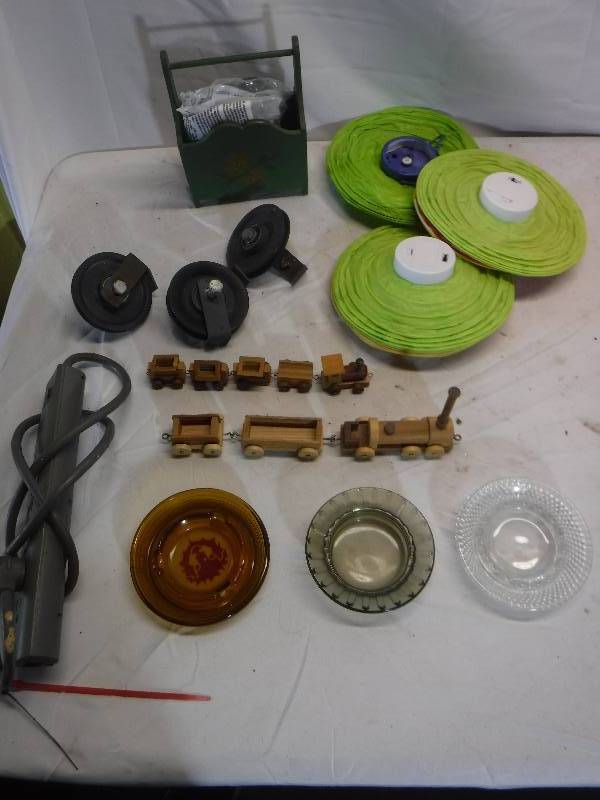 lot 12048 image: Wood train, paper lanterns, ashtrays and more