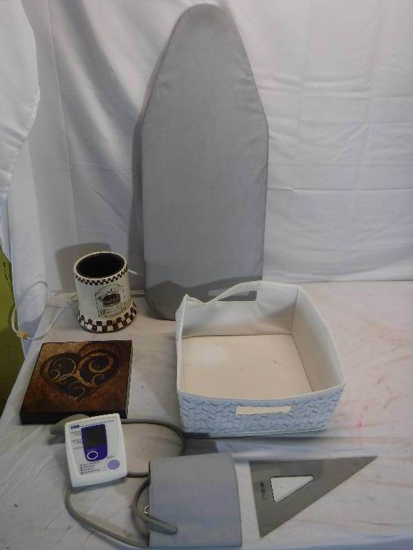 lot 12100 image: Table top ironing board, blood pressure cuff, square and more