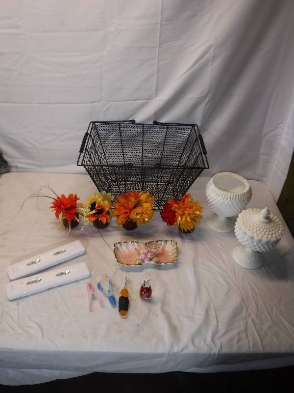 lot 12034 image: Wire basket, fall floral decor, lidded candy dish and more