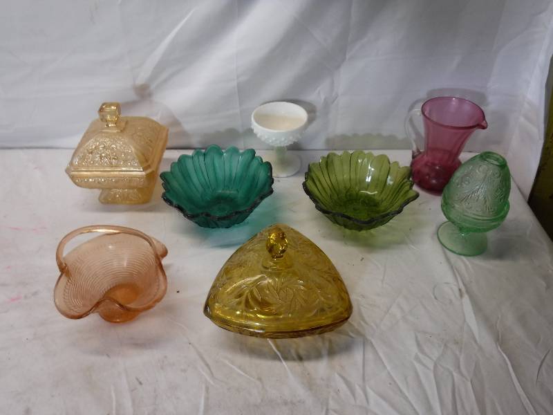 lot 12111 image: Lidded candy dishes, fairy light, glass baskets and more glassware