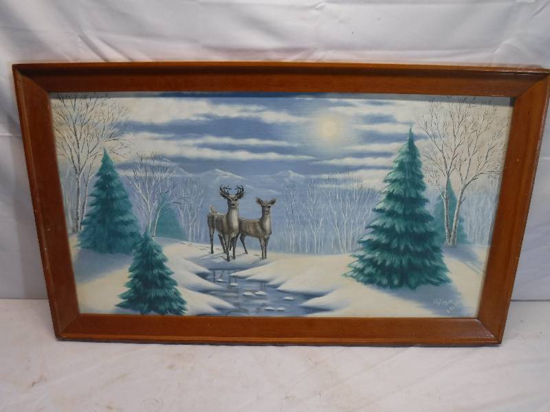 lot 12028 image: 2 Deer in the woods painting