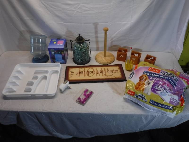 lot 12031 image: Water bottle, crackle glass candle holder and more