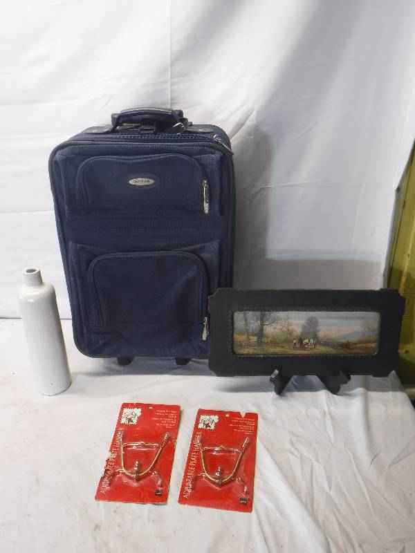 lot 12182 image: Rolling suitcase, plate hangers and more