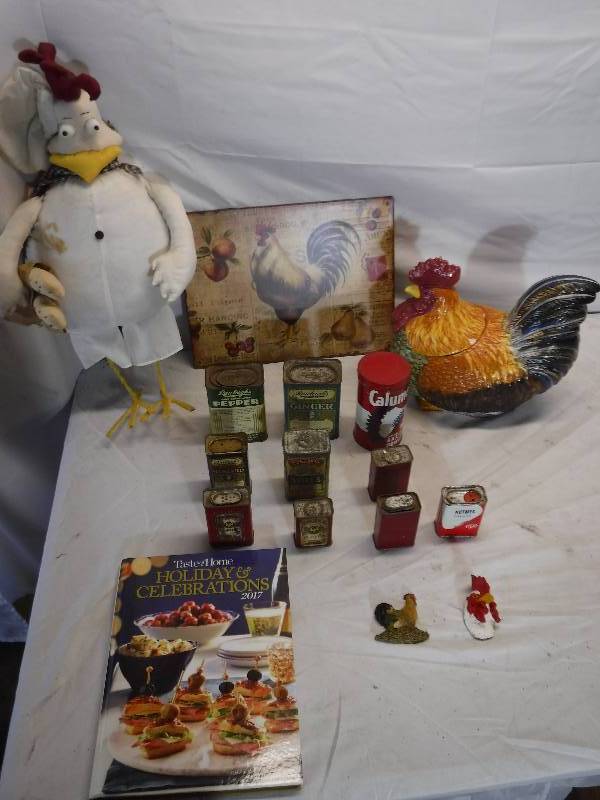lot 12177 image: Rooster doll, rooster cookie jar, rooster decor and spice tins