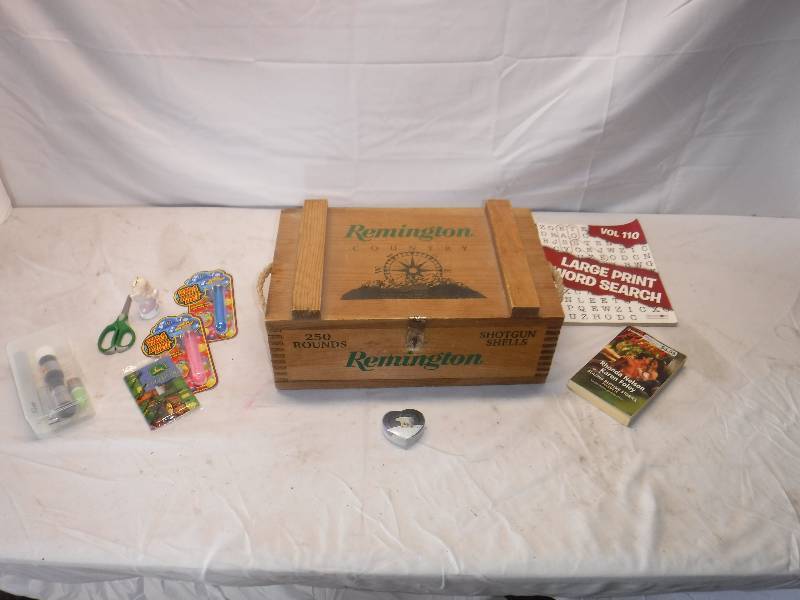 lot 12160 image: Wood Remington ammo box with what was inside ( misc items)