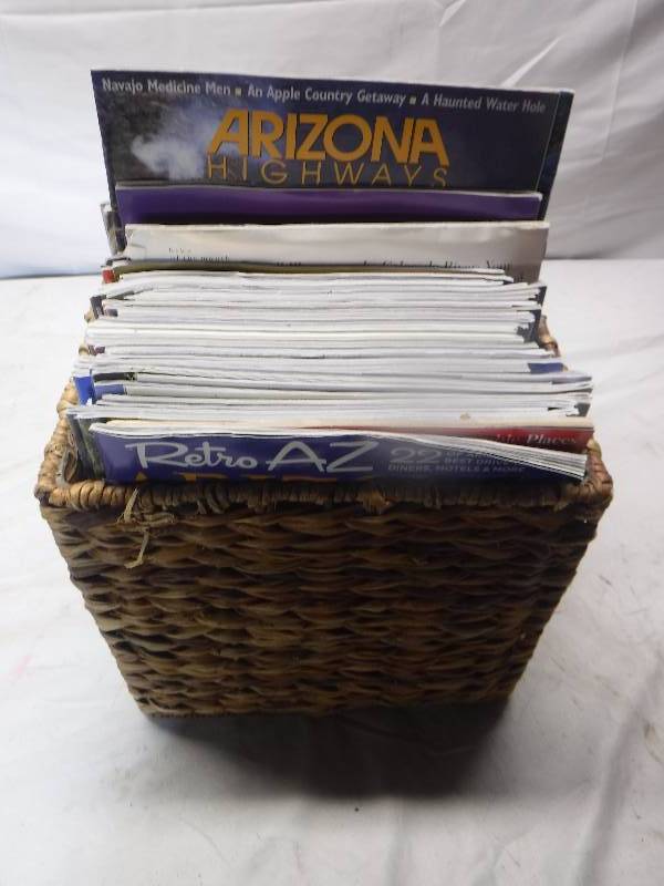 lot 12200 image: Magazines in wicker basket
