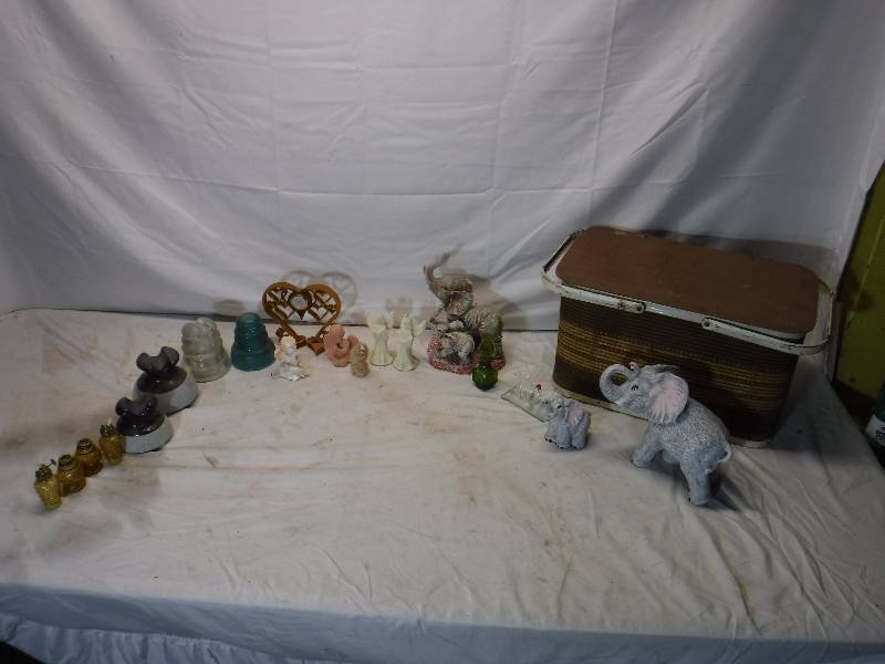 lot 12224 image: Mini oil lamps, insulators, picnic basket and more