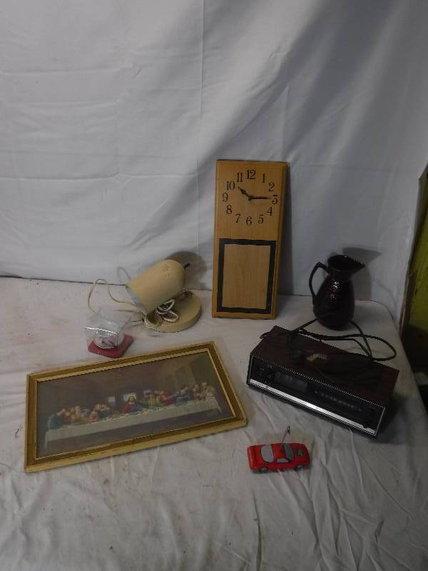 lot 12189 image: Wood wall clock, pitcher, last supper picture and more