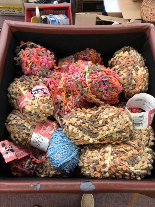 lot 1318 image: Brown Foot Stool Full of Yarn