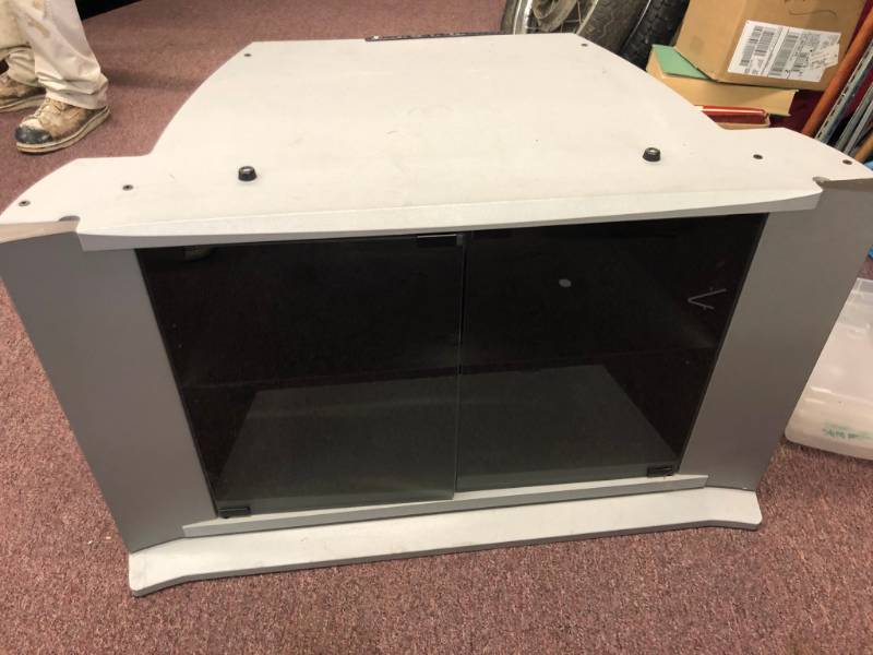 lot 1321 image: Grey Entertainment Center with Black Glass Doors