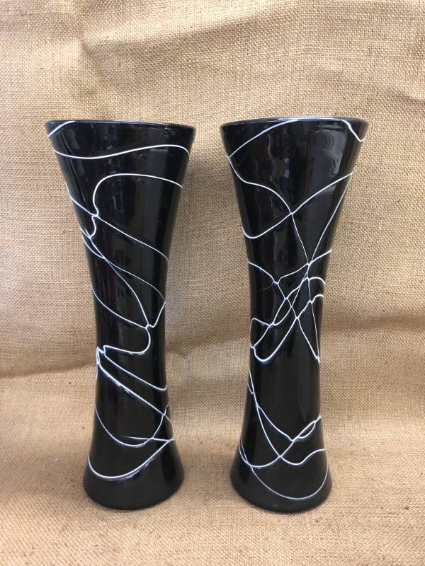 lot 1459 image: 2 17 Tall Black with White Spiral Design Vases