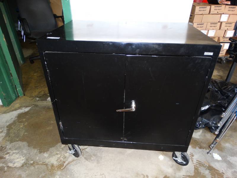 lot 16116 image: Metal cabinet on wheels.